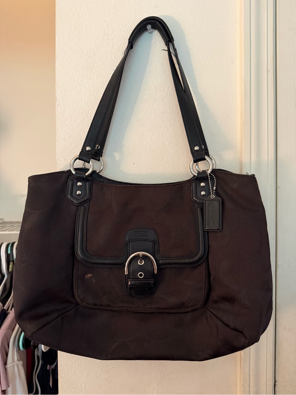 Coach Brown Canvas Shoulder Bag With Black Trim And Silver Hardware
